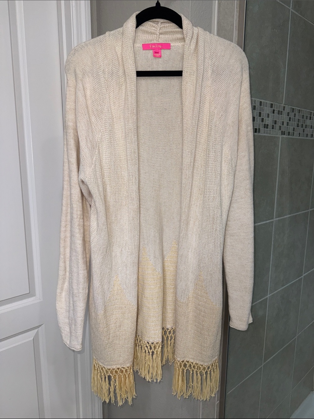 Lilly Pulitzer Tatum Long Fringe Hem Cardigan Cream Gold Metallic Size XL NWOT